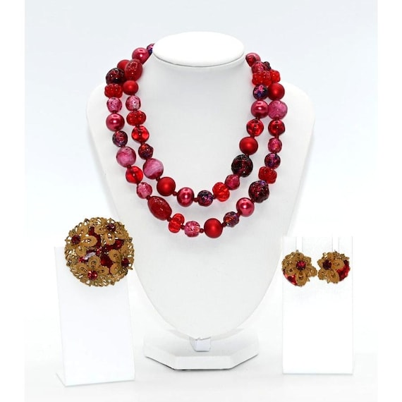 Vintage Miriam Haskell signed set red and fuchsia… - image 1