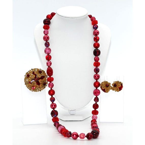 Vintage Miriam Haskell signed set red and fuchsia… - image 2