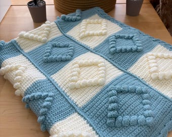 Handmade Crochet Baby Blanket: Blue & White Popcorn Anti-Pilling and Hypoallergenic