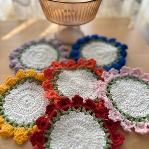 Crochet Coaster Set with Basket: Floral Cotton Drink Coasters, Cottagecore Decor