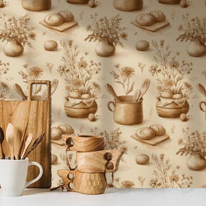 May include: Watercolor illustration featuring a rustic kitchen theme. The image showcases wooden cutting boards, utensils, and mugs, alongside a repeating pattern of bread, flowers, and pottery in warm, earthy tones. The overall aesthetic is vintage and charming.