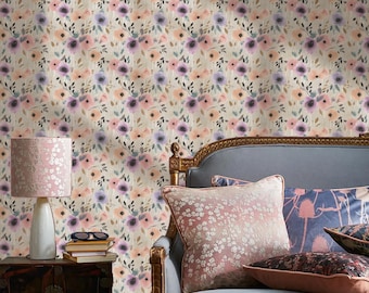 Papel pintado floral pastel - Mural de pared de flores vintage - Papel pintado botánico suave y romántico