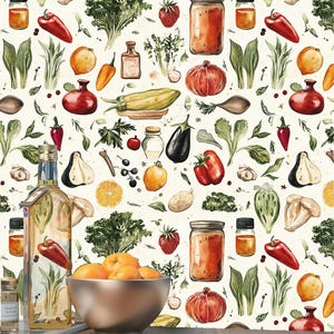 Peut inclure: Illustration à l'aquarelle avec divers produits frais : poivrons rouges, citrouilles, aubergines et oranges. Des bocaux de conserves et des bouteilles d'huile sont également présents, créant un motif coloré. Un bol en métal contient des oranges.