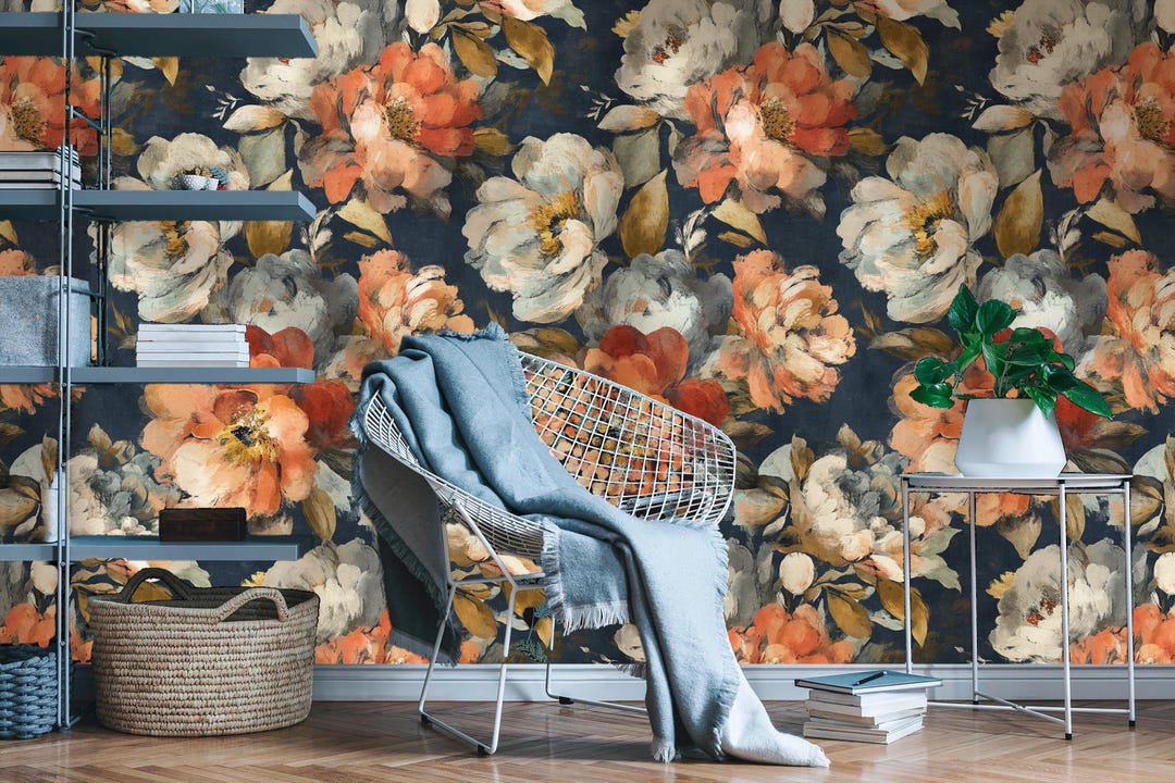 Dark Floral Peony Wallpaper: Vintage Peel and Stick Wall Mural - Etsy