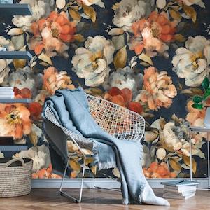 Dunkle Pfingstrose Blumen Tapete: Vintage Wandbild zum Schälen und Aufkleben