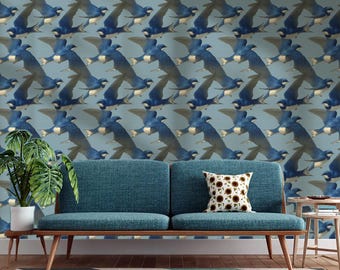 Papel de parede vintage Blue Bird: mural removível e adesivo, estampa azul-celeste