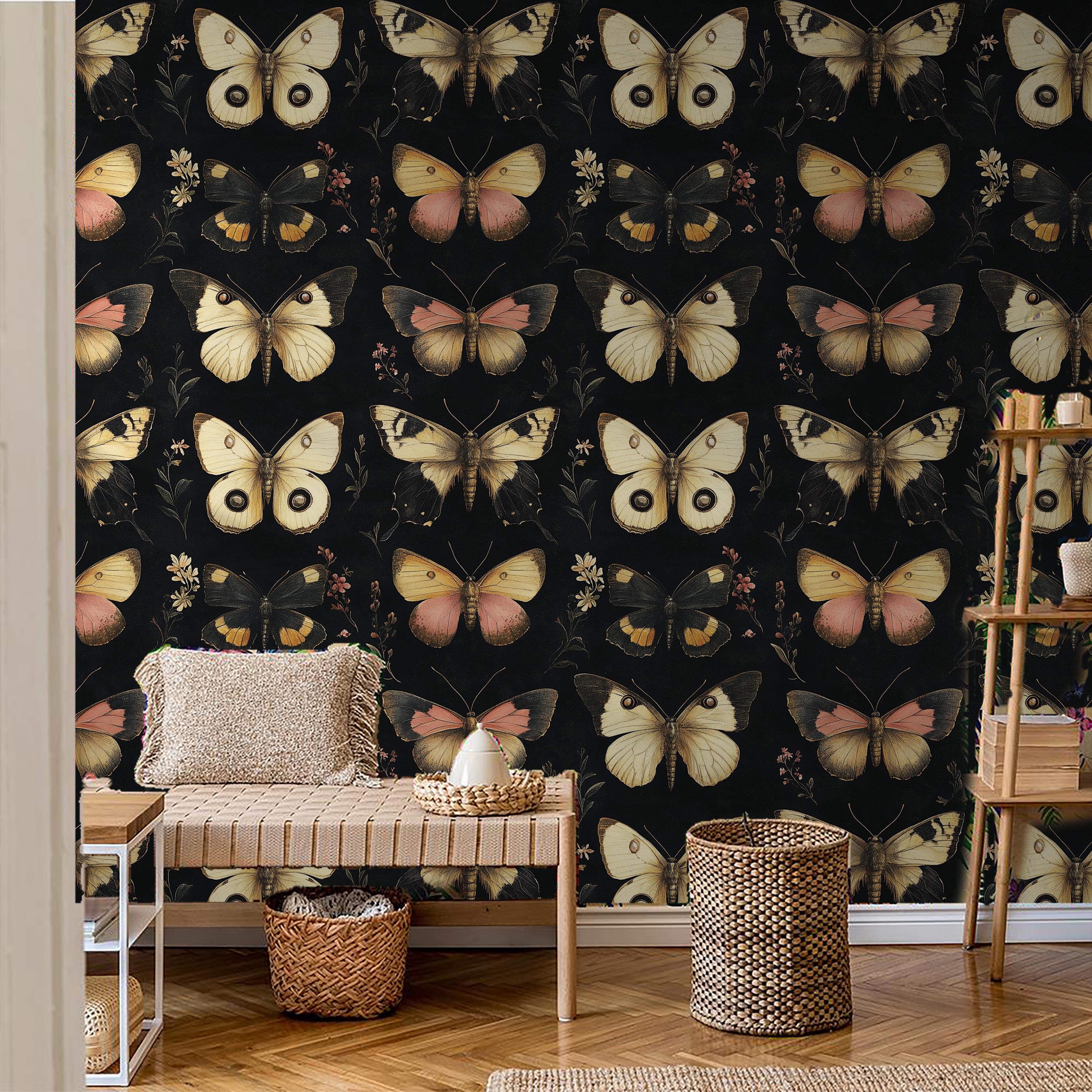 Dark Butterfly Wallpaper: Vintage Moth Wall Mural, Art Deco Style - Etsy