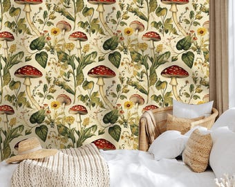 Mushroom Peel and Stick Wallpaper: Vintage Cottagecore Wall Mural