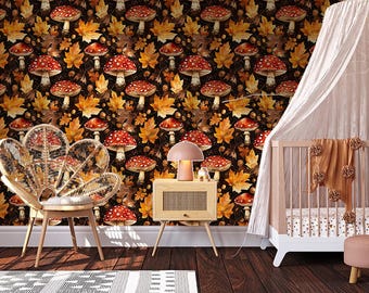 Autumn Mushroom Wallpaper: Cottagecore Peel and Stick Wall Mural