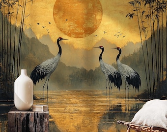 Japanese Crane Wall Mural: Zen Bamboo Landscape, Peel & Stick Wallpaper