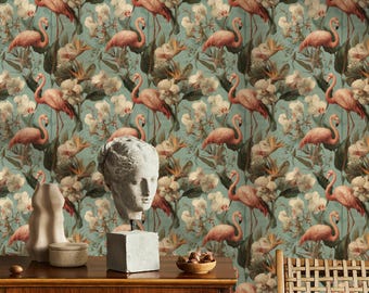 Flamingo Peel and Stick Wallpaper - Vintage Floral Bird Mural