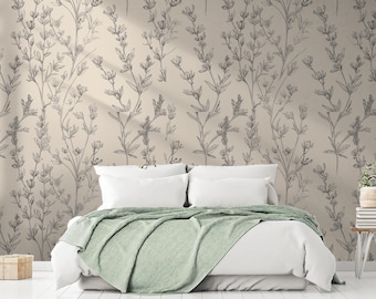 Sage Green Floral Peel and Stick Wallpaper: Botanical Accent Wall Mural
