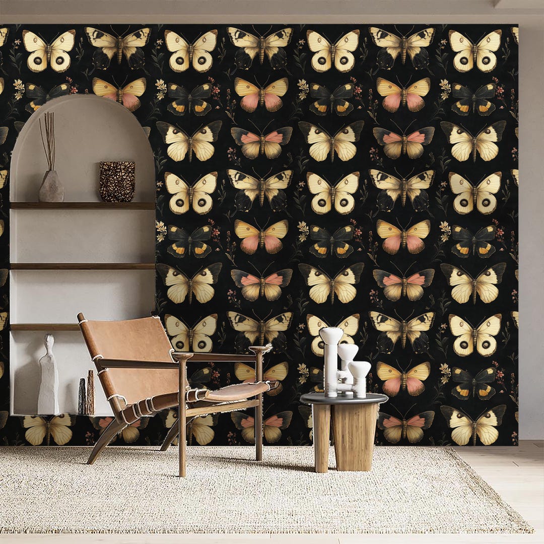 Dark Butterfly Wallpaper: Vintage Moth Wall Mural, Art Deco Style - Etsy