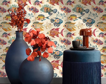 Whimsical Fish Wallpaper- Colorful Underwater Mural- Removable Peel and Stick Wall Decor