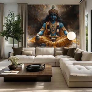 Krishna Meditation Wallpaper: Spiritual Hindu Art, Yoga Room Decor
