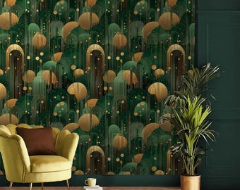 Papel pintado Art Déco verde esmeralda - Mural geométrico dorado autoadhesivo