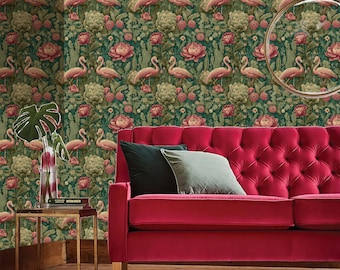 Maximalist Flamingo Wallpaper-Dark Green Tropical Peony Mural