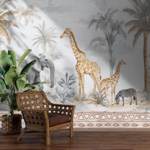 Safari Jungle Mural: Neutral Sepia Elephant, Giraffe, Zebra - Peel & Stick Wallpaper