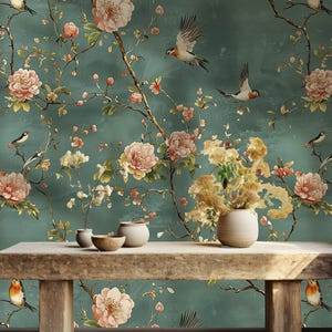 Chinoiserie Floral Peel and Stick Wallpaper: Vintage Bird & Blossom Mural