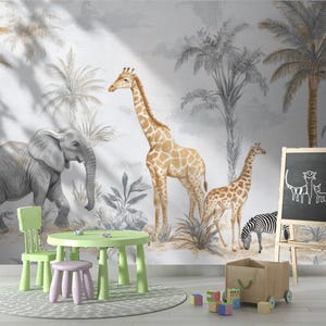 Safari Jungle Mural: Neutral Sepia Elephant, Giraffe, Zebra - Peel & Stick Wallpaper