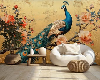 May include: A vibrant wall mural featuring a peacock with blue and teal plumage, set against a gold textured background. The artwork includes floral elements with peach and red blossoms, and a white beanbag chair.