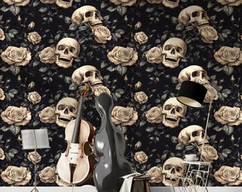 Skull and Roses Gothic Wallpaper Mural: Peel and Stick Dark Floral Wall Art