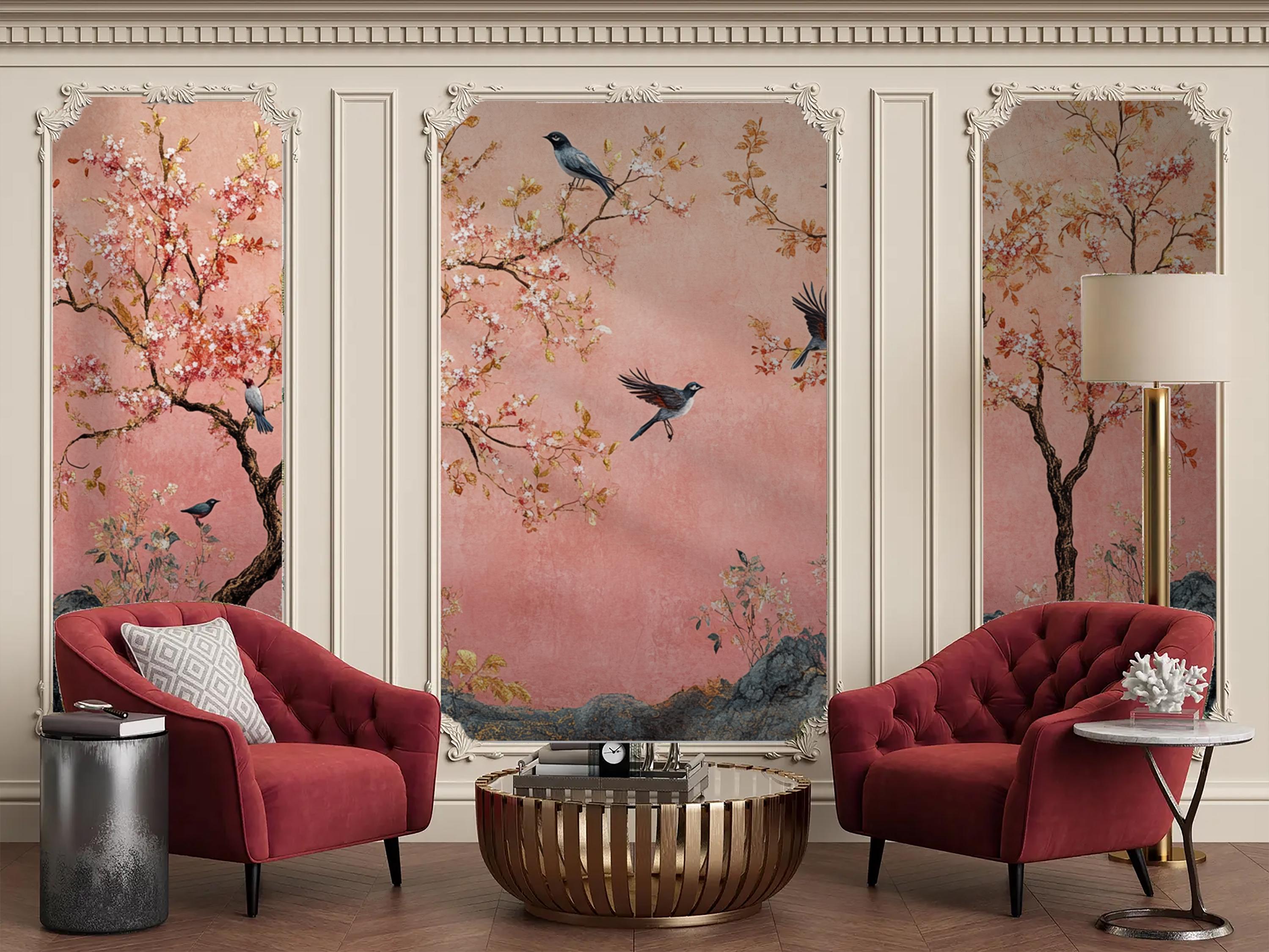 Pink Chinoiserie Wallpaper Mural – Cherry Blossom Birds, Peel and Stick ...