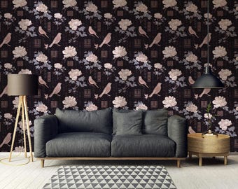 Chinoiserie Bird and Peony Wallpaper: Elegant Oriental Wall Art