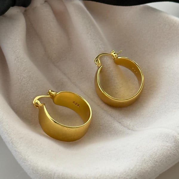 Matte 18k Gold Chunky Hoop Earrings: 925 Sterling Silver, Minimalist Jewelry