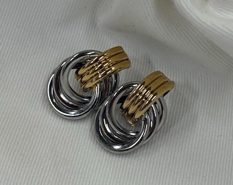 Two Tone Knot Earrings, Interlocking Silver Gold Hoops