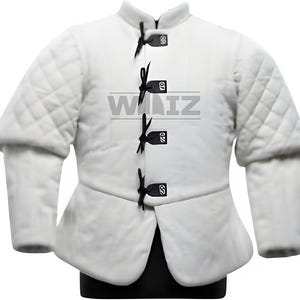 May include: White quilted jacket with black ties and decorative black accents. The jacket has a stand-up collar and a diamond pattern on the sleeves. The jacket has the text "WAIZ" in the center.