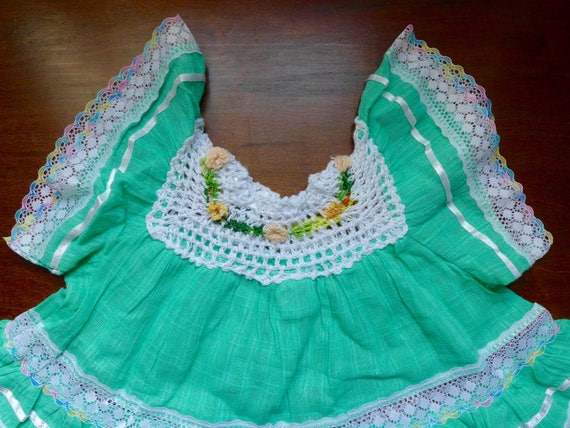 Vintage Mexican Bright Green Baby Girl Dress with… - image 5