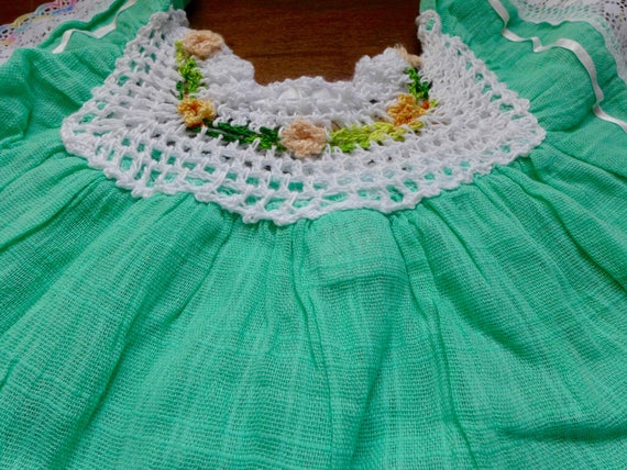 Vintage Mexican Bright Green Baby Girl Dress with… - image 6