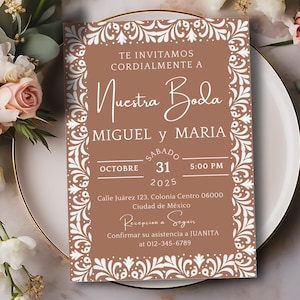 Invitaciones De Boda, Cielito Lindo Nuestra Boda Invitation

Editable Spanish wedding invitation template, Cielito Lindo Nuestra Boda design with brown neutral papel picado and Talavera theme, digital download.

Printable Mexican wedding invite in Spanish, Nuestra Boda design with rustic brown papel picado and neutral Talavera style, editable template.

Cielito Lindo wedding invitation, Spanish Mexican digital template with brown and neutral papel picado and Talavera tile patterns, customizable.