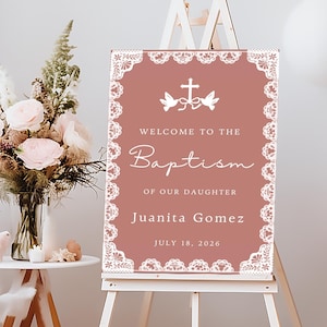 Pink Papel Picado Baptism Welcome Sign: Cielito Lindo Decor (Canva Template, Digital Download