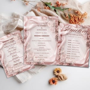 May include: Wedding ceremony programs with a pink and white floral design. The programs include the wedding party, ceremony details, and timeline. The programs are decorated with floral accents and the names Benjamin & Samantha.