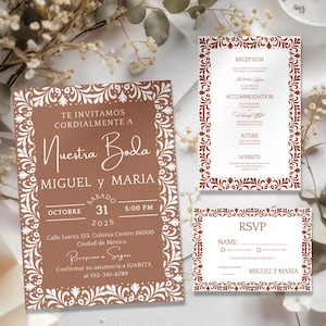 Invitaciones De Boda Papel Picado Mexican Wedding Invitation Suite: RSVP and Wedding Details Card Editable Canva Template (Digital Download).

Invitaciones de boda papel picado Mexican wedding invitation suite in brown and white, featuring intricate papel picado banner details and elegant typography. Includes editable Canva template for main invitation, RSVP card, and wedding details card. Printable digital download with traditional Mexican fiesta-inspired design, perfect for a rustic wedding.