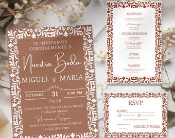 Invitaciones De Boda Papel Picado Mexican Wedding Invitation Suite: RSVP and Wedding Details Card Editable Canva Template (Digital Download)