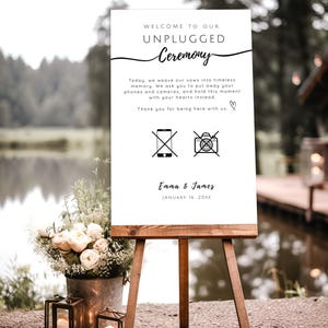 Unplugged ceremonie teken, elegante eenvoudige moderne minimalistische huwelijksceremonie teken, bruiloft welkomstbord sjabloon, Unplugged teken, bruiloft teken