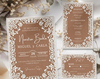 Invitaciones De Boda, Mexican Papel Picado Wedding Invite Suite, RSVP card, Wedding Details, Editable Canva Template