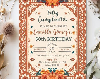 Faire-part d'anniversaire Cielito Lindo, invitation mexicaine Papel Picado en terre cuite, modèle de toile modifiable