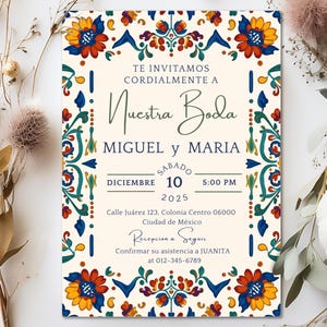 Kleurrijke Mexicaanse huwelijksuitnodiging Invitaciones De Boda Papel Picado: bewerkbare canvassjabloon