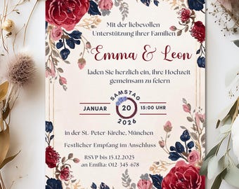 Einladung Hochzeit, Floral Wedding Invitation, Digital Canva Template