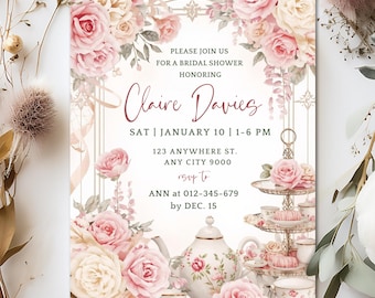 High Tea Bridal Shower Template, Love is Brewing Invitation, Tea Party Invite, Canva Editable