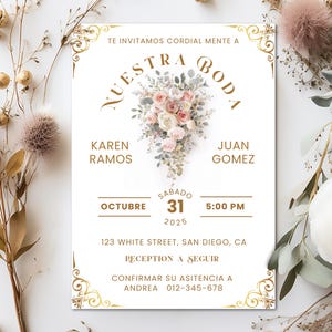 Op de afbeelding: Een witte huwelijksuitnodiging met gouden decoratieve randen en tekst. De uitnodiging toont een bloemenboeket in het midden en bevat de namen Karen Ramos en Juan Gomez, samen met de datum 31 oktober 2025 en de tijd 17:00 uur. Bloemenversieringen.