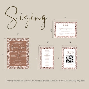 May include: A collection of wedding invitation cards with decorative borders. The main invitation is 5 x 7 inches, with RSVP, reception, and QR code cards. The text includes names, dates, and event details. The cards are in shades of brown and white.