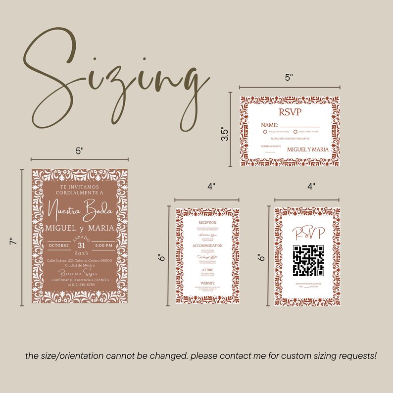 May include: A collection of wedding invitation cards with decorative borders. The main invitation is 5 x 7 inches, with RSVP, reception, and QR code cards. The text includes names, dates, and event details. The cards are in shades of brown and white.