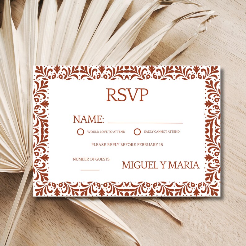 Invitaciones De Boda Papel Picado Mexican Wedding Invitation Suite: RSVP and Wedding Details Card Editable Canva Template (Digital Download).

Invitaciones de boda papel picado Mexican wedding invitation suite in brown and white, featuring intricate papel picado banner details and elegant typography. Includes editable Canva template for main invitation, RSVP card, and wedding details card. Printable digital download with traditional Mexican fiesta-inspired design, perfect for a rustic wedding.