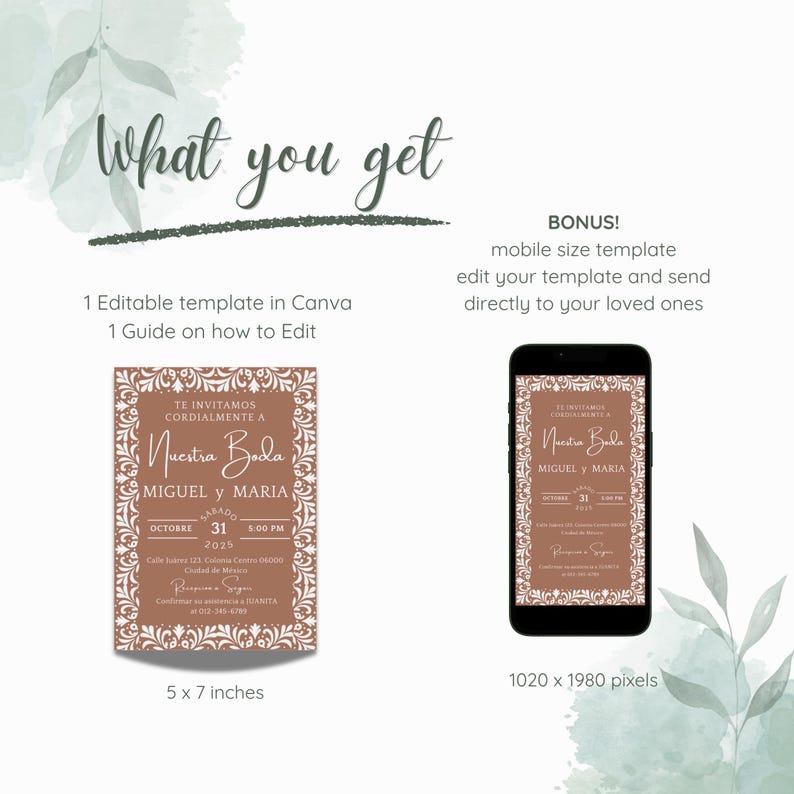 May include: A digital wedding invitation template in a warm brown color with ornate white borders. The invitation includes the text "Nuestra Boda" and event details. A mobile-sized template is also included, with dimensions of 1020 x 1980 pixels.