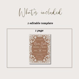 May include: An editable wedding invitation template featuring a brown background with a white lace-style border. The text reads: What's included, 1 editable template, 1 page, Te invitamos cordialmente a Nuestra Boda, Miguel y Maria, 16 Enero 2025.